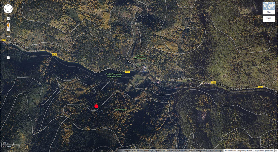 Google Maps mentionne un séquoia au nord de la route et non au sud.